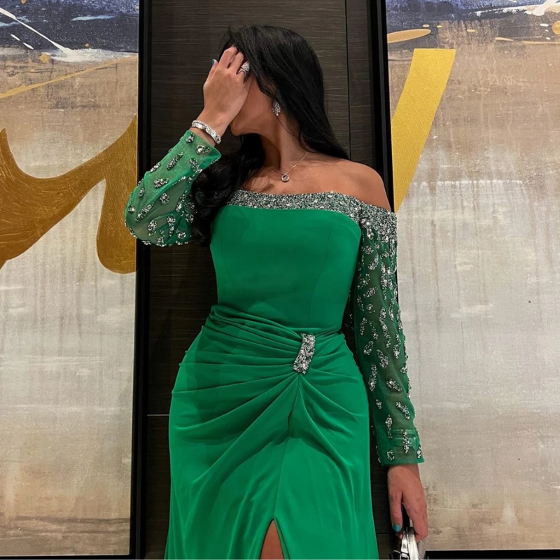 Green Evening Dresses Bateau Saudi Arabia Women Prom Dresses Beaded Long Sleeves Pageant Party Gowns Zipper