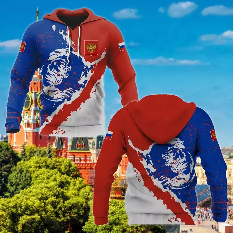 Com capuz nacional estampado em 3D masculino, pulôver casual, moletom com capuz, blusão retrô, capuz com zíper, bandeira russa, primavera