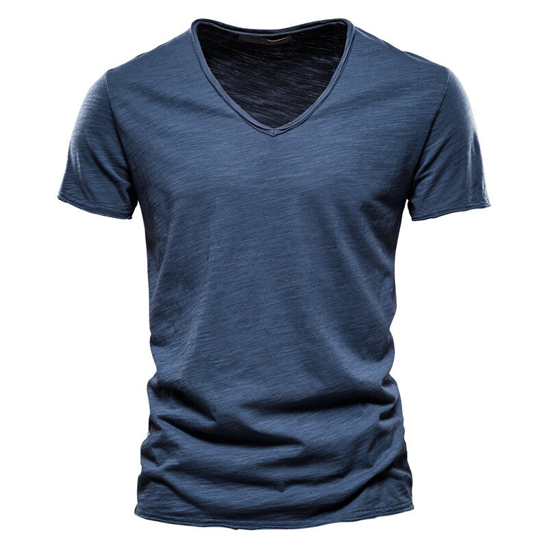 Qualité de la marque100% coton t shirt homme de marque Col en V mode homme Coupe ajustée Soild T-shirts  Hommes Hauts  manche courte t shirt homme