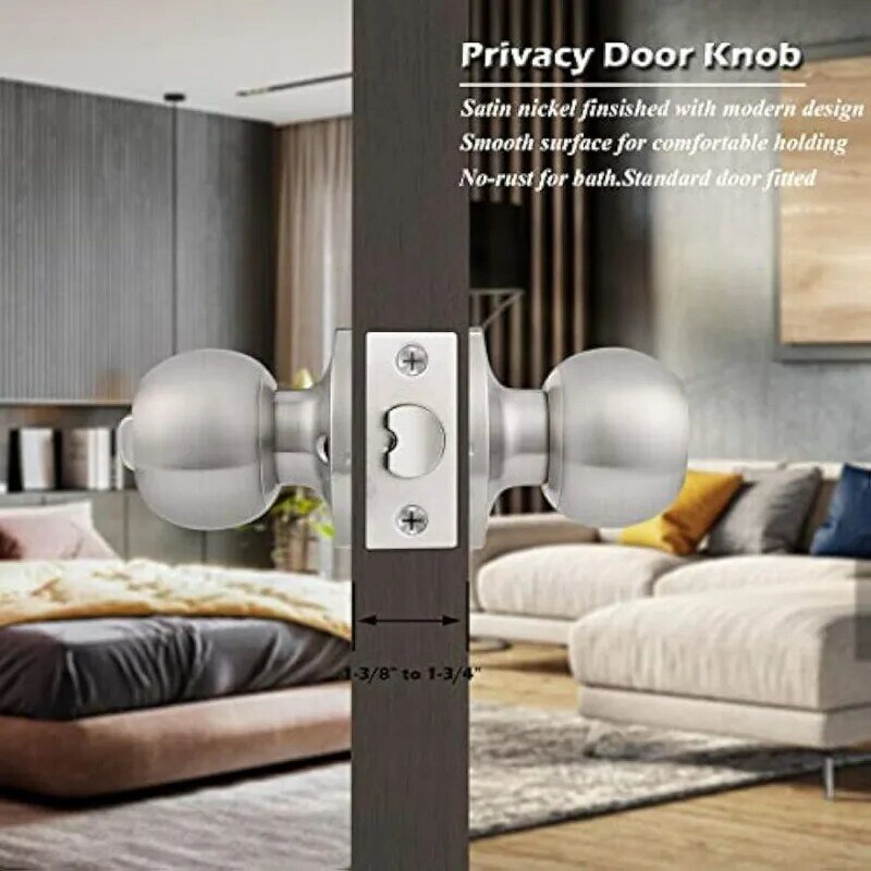 Satin Nickel Interior Door Round Ball Knob Privacy Door Lockset for Bed and Bathroom/Thumb-Turn Knob Inside Pack of 6