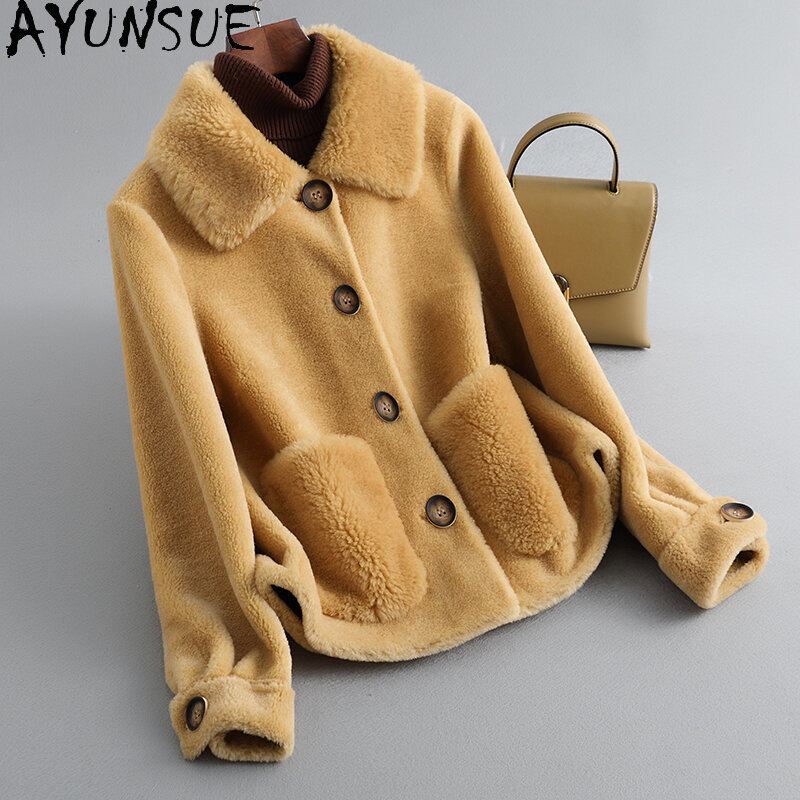 AYUNSUE Winter 100% Real Sheep Shearling Fur Coat Female Autumn 2021 Short Wool Jackets Women's Clothing Casaco Feminino Gxy201