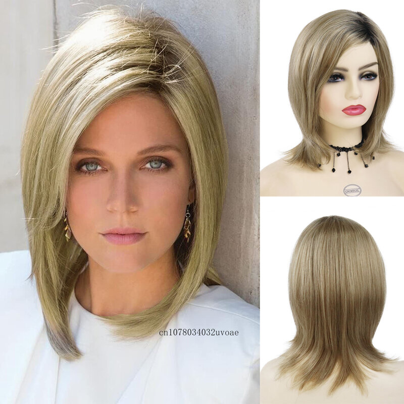 Blonde Wigs for Women Synthetic Hair Short Bob Wig with Side Bangs Natural Straight Haircuts Mommy Wig Daily Use Outfits Cosplay