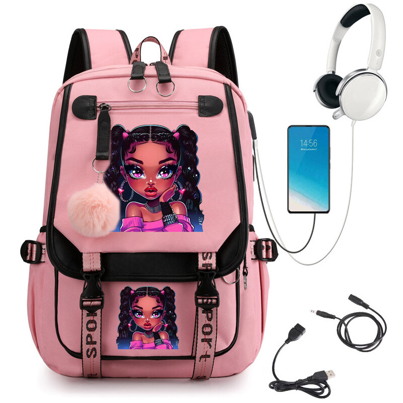 Sac à dos d'école imprimé pour filles noires, beau sac d'école de dessin animé mignon pour étudiants, cartable USB pour adolescents, sac à dos pour ordinateur portable Anime
