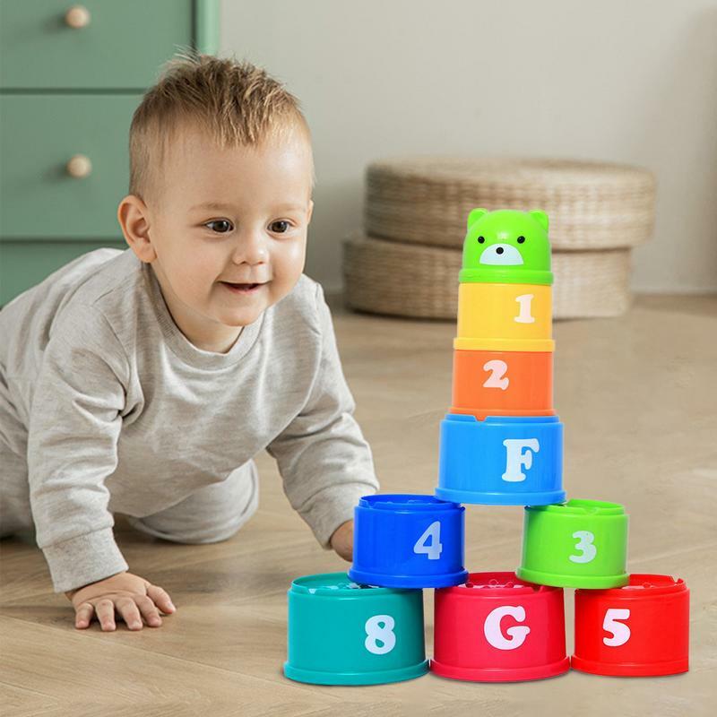 Kubeczki zabawkowe figurki wczesna edukacja litery składane kubek do nakładania tęczowe kubki wieża do układania zabawki Montessori dla dzieci
