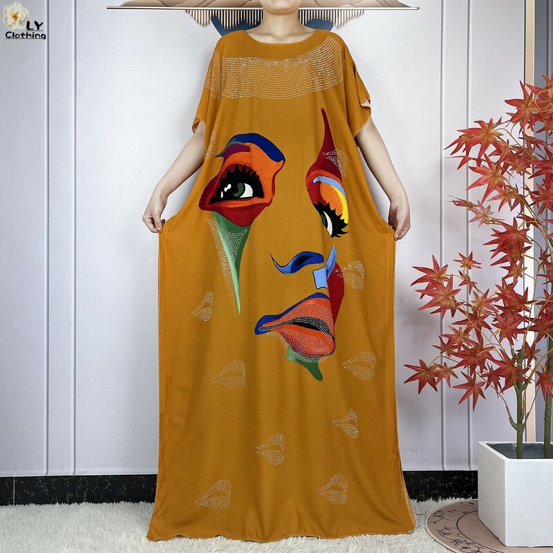 2024New Abaya allentato manica corta African Dashiki Pattern stampa morbido cotone donna elegante Maxi Islam Lady Dress con grande sciarpa