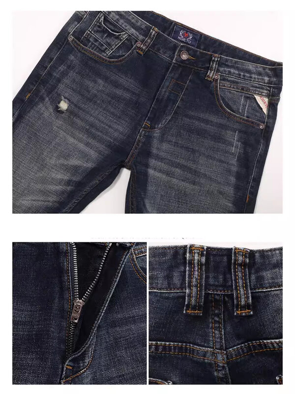 Jeans pria sobek pas badan elastis biru tua Retro kualitas tinggi Jeans Fashion desainer baru celana Denim Vintage