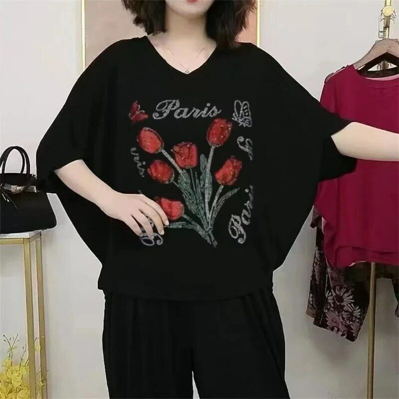 Summer New Fashion Commute Printed Diamonds Women's Round Neck Batwing Sleeve Loose Comfortable Casual Pullover T-shirts Tops