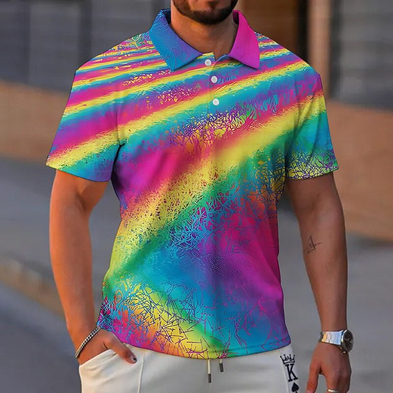 Homens 3D Color Graffiti Stripe Print Camisas Polo, camisas de manga curta lapela, blusa casual de golfe, botões Tops, moda