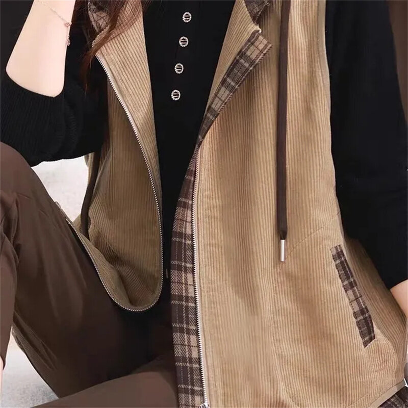 Chaleco de PANA con capucha para mujer, chaqueta holgada de talla grande, color caqui y marrón, prendas de vestir para primavera y otoño, novedad de 2024