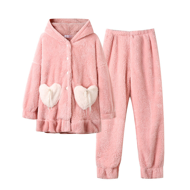 Conjunto de Pijama de lana de Coral para mujer, de felpa suave ropa de dormir, ropa de casa cálida y gruesa, ropa de salón de franela de invierno
