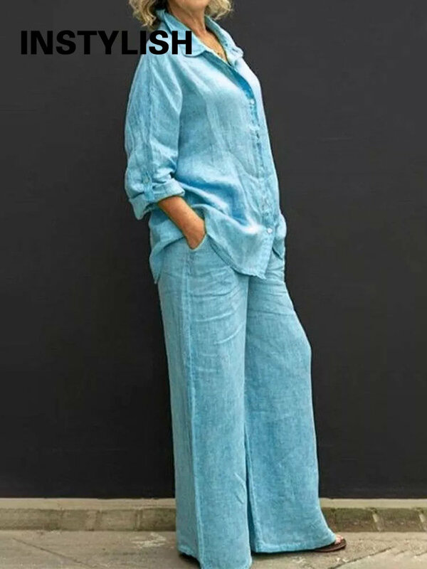 Setelan blus Lapel Linen wanita, dua potong Set Vintage Solid lengan panjang kancing dan celana lurus longgar kasual musim gugur