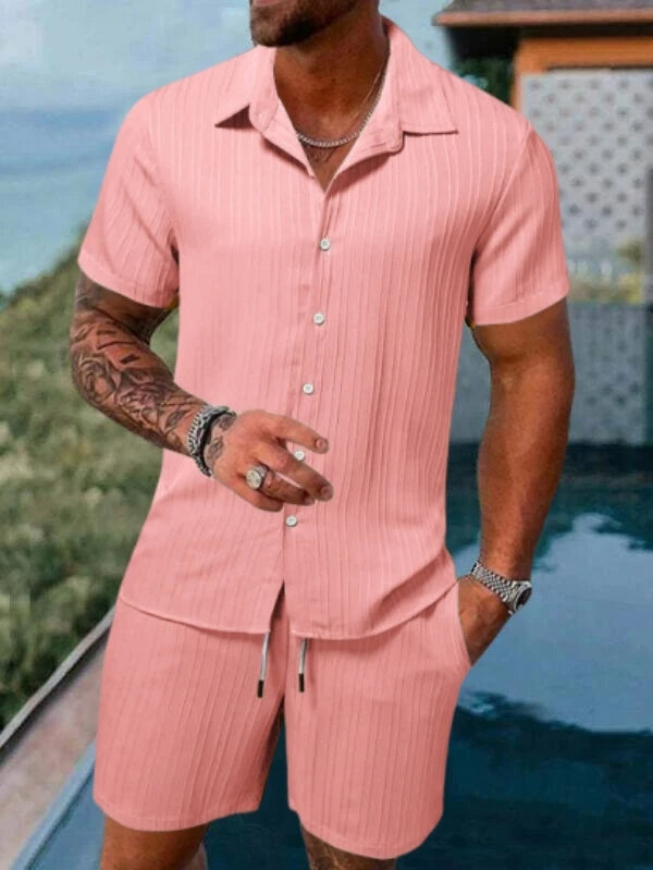 ชุดเสื้อพิมพ์ลาย3D สำหรับผู้ชายเสื้อเชิ้ตลำลองแขนสั้นลายทางสีทึบชุดชายหาดกางเกงขาสั้นฤดูร้อนชุดเสื้อผ้าฮาวาย