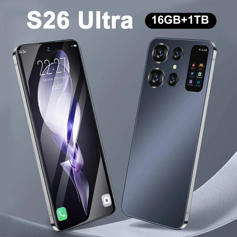 ใหม่5G S26โทรศัพท์มือถืออัลตร้าสมาร์ทโฟนหน้าจอ HD 7.0 16G + 1T 7000mAh 48MP + 72MP Android13เซลลูลาร์สองซิมปลดล็อคใบหน้า