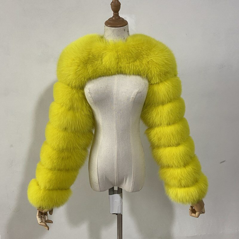 Jaket Bulu Palsu Super Pendek Wanita Mantel Bulu Rubah Palsu Mewah Musim Dingin Mode Jaket Lengan Panjang Ramping Wanita Atasan Hangat