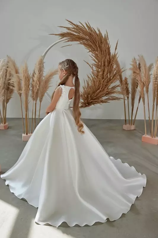 Gaun perempuan bunga putih sederhana untuk pernikahan bunga 3D manik-manik Satin A-line panjang kontes ulang tahun gaun Komuni Pertama