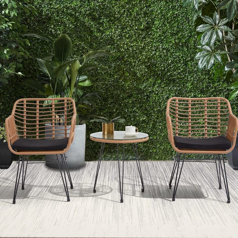 3 Pieces Wicker Patio Bistro Furniture Set, Includes 2 Chairs and Glass Top Table, Ideal for Porch, Outdoor, Backyard, Apartment