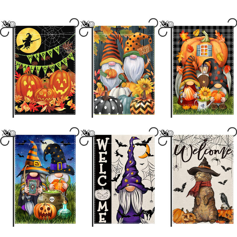 1 multicolored pumpkin lamp, sunflower, witchcraft, dwarf cat, bat, double-sided printed garden flag, excluding flagpole