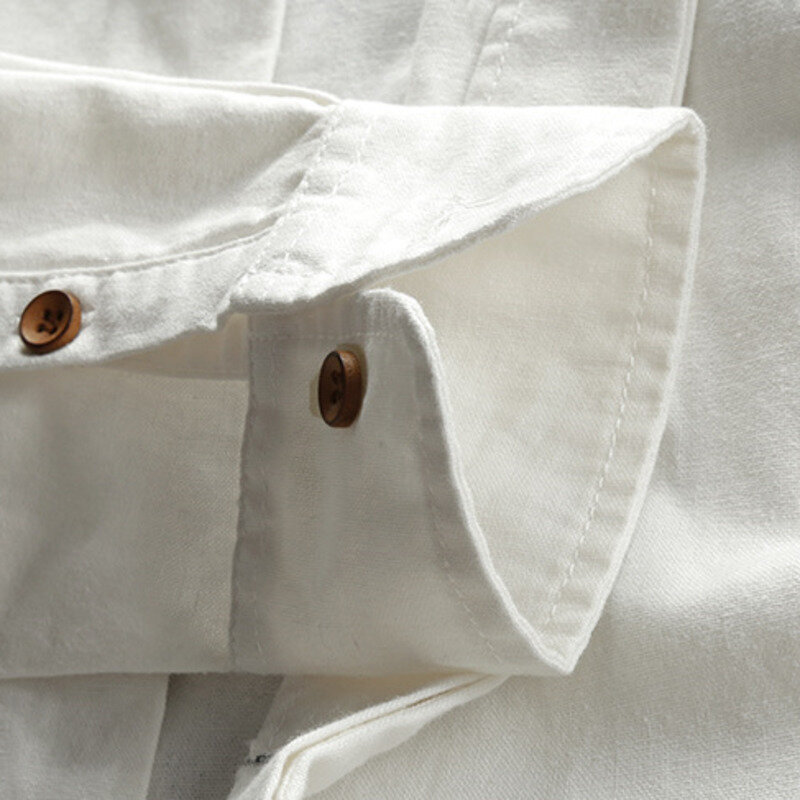 Camisa de algodão de linho dos homens do estilo de japão harajuku gola manga longa fino ajuste cor sólida masculino casual respirável clássico topos