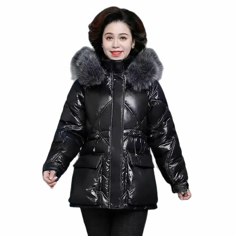Piumino da donna in cotone autunno inverno 2023nuova moda addensare cappotto lucido sciolto collo di pelliccia con cappuccio nero 4XL capispalla femminile