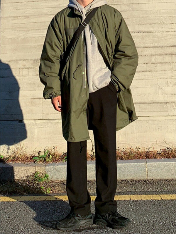 두꺼운 남성 겨울 면 코트 중간 및 긴 바람막이, 한국 버전, 올인원 패션, 느슨한 일본 면화 코트