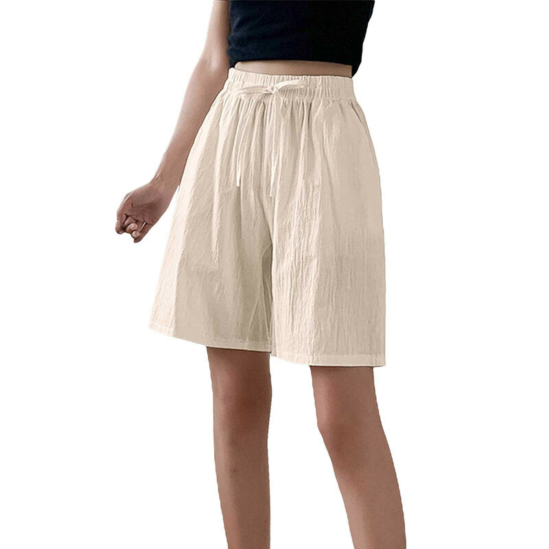 สบายๆกางเกงขาสั้นลำลองสำหรับผู้หญิง, แฟชั่นวรรณกรรมย้อนยุคสำหรับ celana pendek DENIM กางเกงขาสั้นลำลองเอวยางยืดมีเชือกผูกสำหรับฤดูร้อน