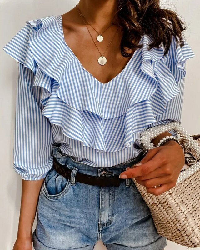 Women s Striped Middle Sleeve Top Daily Loose Fit V-Neck Ruffled Collar Elegant Top