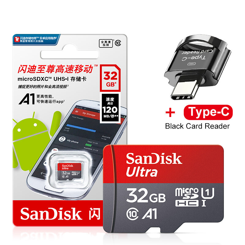Cartão de Memória Micro SD para Smartphone, Classe 10, Leitor Tipo C, 32GB, Até 100 Mb/s, 32GB