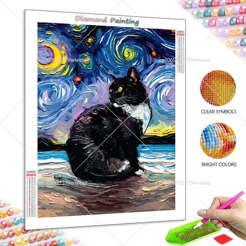Diamond Mosaic Pictures com Van Gogh Arte, gato branco, céu estrelado preto, fazer a sua casa um celestial sonhos