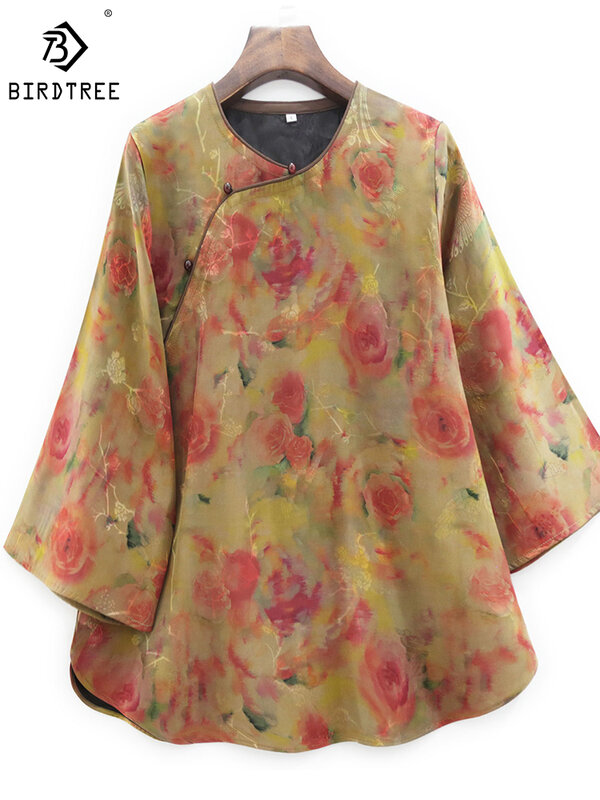 Birdtree-Camiseta de seda de morera para mujer, blusa holgada Retro de cuello redondo, Mangas de tres cuartos, 50MM, T3D460QD, otoño