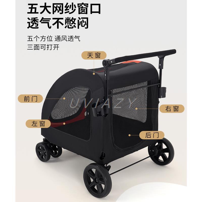 Carrito plegable ventilado para mascotas, carrito con 4 ruedas de goma, mango ajustable, malla, para perros y gatos