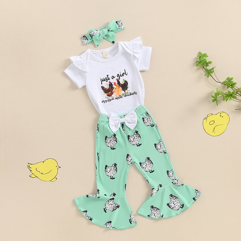 Visgogo-女の赤ちゃんの夏の衣装,鶏のプリントが施された半袖ロンパース,フレアパンツ,ヘッドバンド,3ピースの服