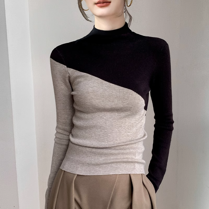 Sommer Büro Dame Retro koreanischen Stil lose lässige Pullover elegante Mode Stricken solide Spleißen Roll kragen pullover Langarm Tops