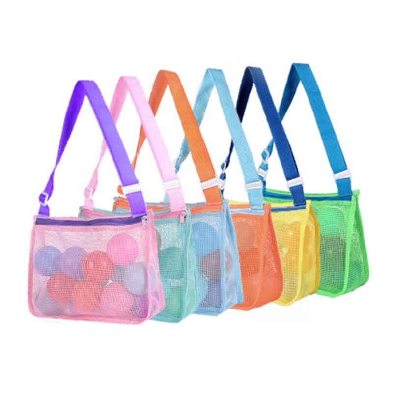 6Pcs Beach Net Bag Beach Sand Storage Nets Bag Colorful Kids Beach Bag With Adjustable Carrying Strap