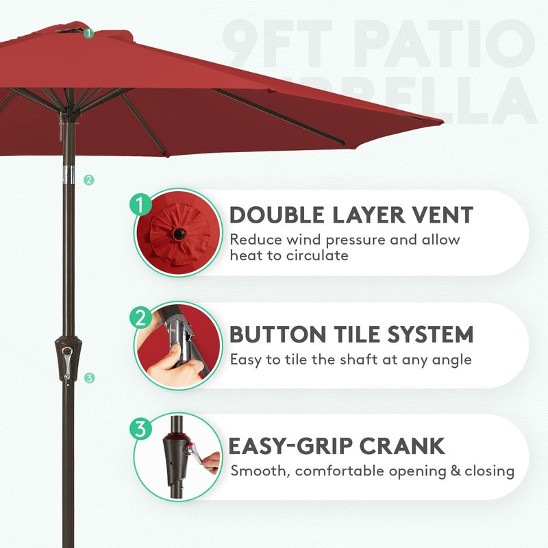 Parapluie de Table d'Extérieur à 8 Nervures Robustes, Protection UV, Étanche pour le Jardin, Rouge, 9 Pieds