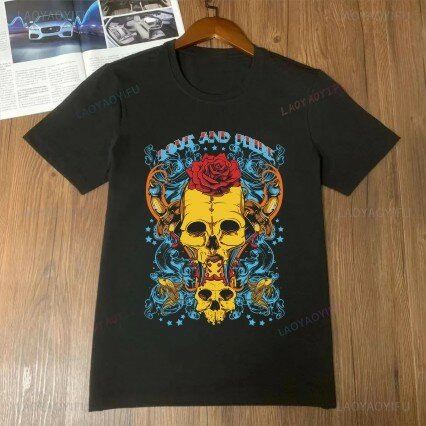 Street personality skull pattern printed T-shirt men's and women's short-sleeved daily top round neck cover cool clothing