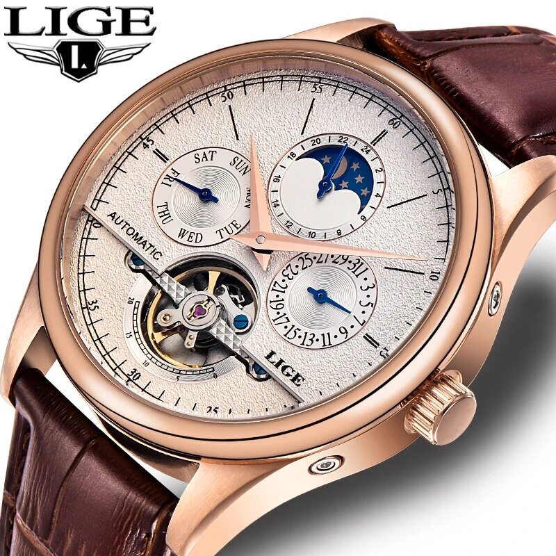 Lige男性時計自動機械式時計トゥールビヨン時計本革防水時計男性ミリタリー腕時計