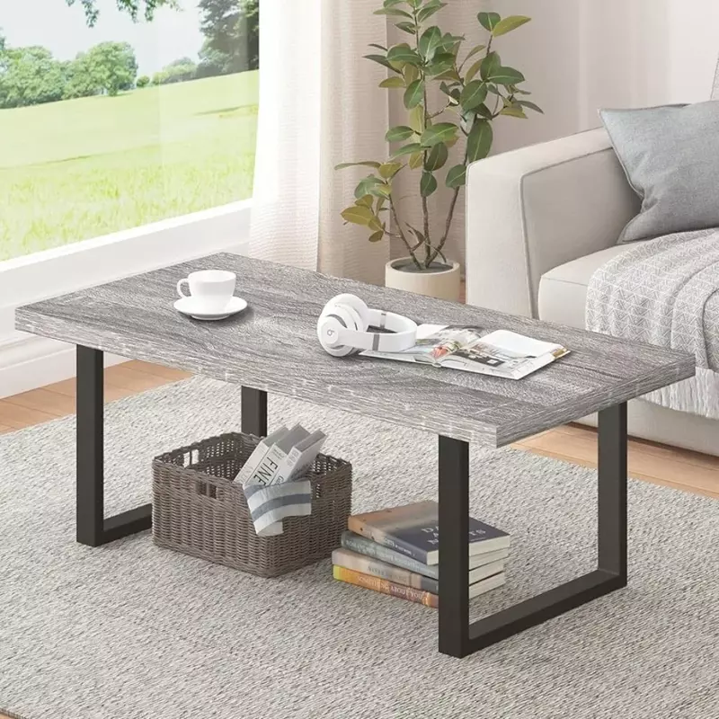 โต๊ะกลางไม้และโลหะสไตล์เรียบง่ายทันสมัยโต๊ะกาแฟสำหรับห้องนั่งเล่นเฟอร์นิเจอร์ไม้โอ๊คสีเทา47นิ้ว