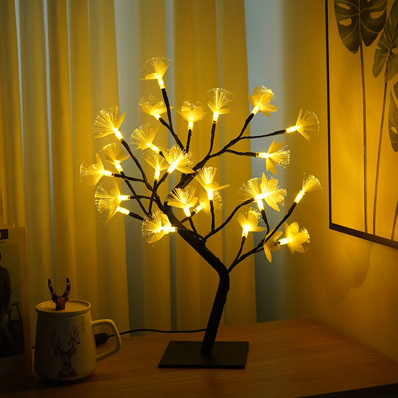 Lampu meja LED dekorasi rumah anak, cahaya malam USB bunga mawar serat optik lampu meja hadiah Natal untuk kamar anak-anak