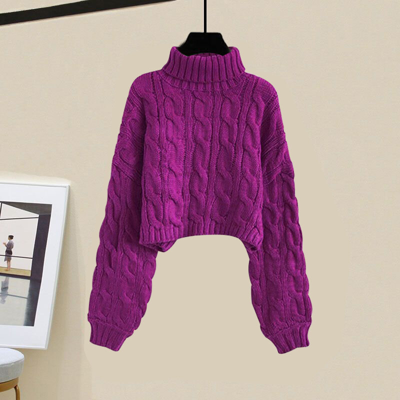 Suéter de lã curto elástico feminino, casaco torcido, tops grossos de malha, gola alta solta, manter aquecido, outono, inverno, 2021