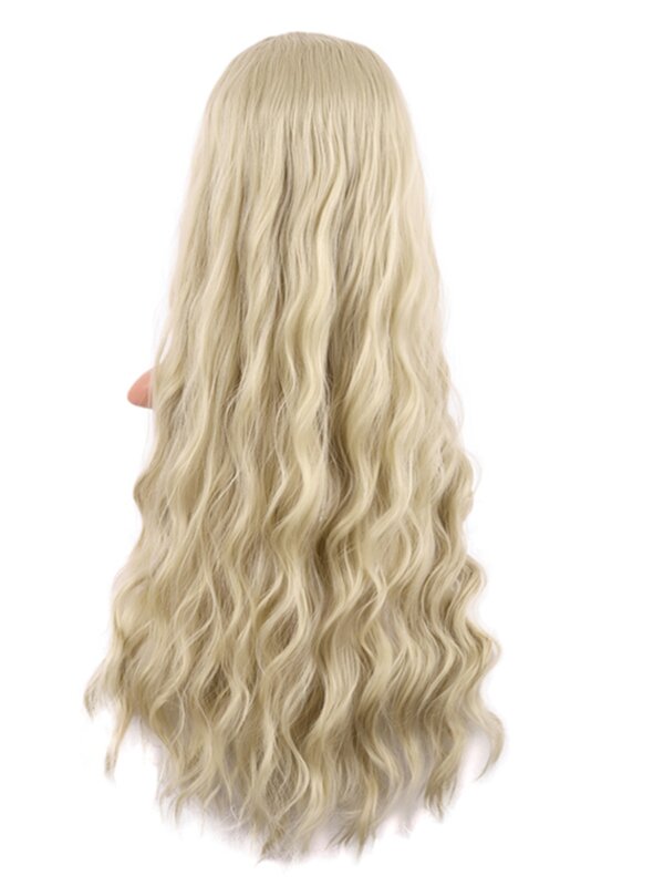 Cos cabelo longo anime feminino, fibra de alta temperatura, fofa lolita, cacheado, leite, dourado, médio, cabeça cheia