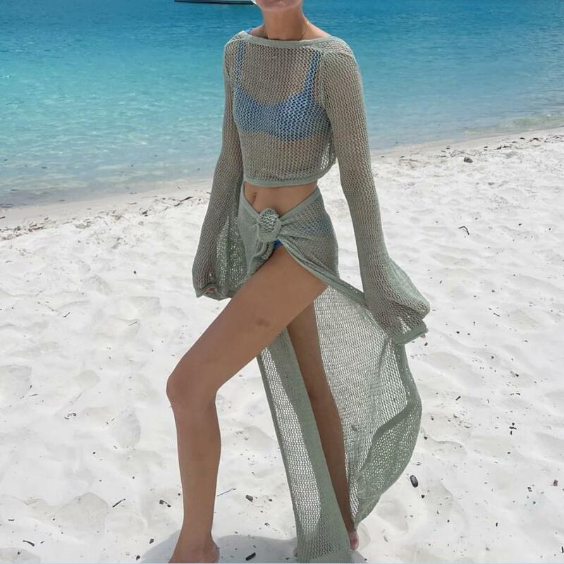 Yiiciovy-Conjunto de ropa de playa para mujer, Top corto de punto de manga larga y falda larga dividida de ganchillo, 2 unidades
