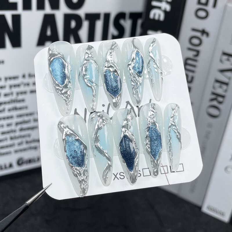 Uñas postizas azules de Metal pesado hechas a mano, Stiletto largo de 10 piezas, uñas postizas brillantes, manicura Y2K para niñas
