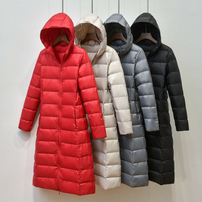 Abrigo de plumón de pato para mujer, parka ligera, larga con capucha, prendas de vestir exteriores, otoño e invierno, novedad de 2023