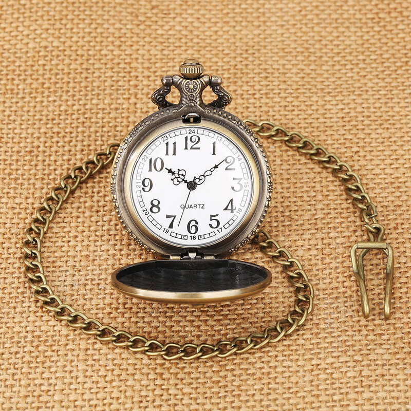 Bronze Antique Analog Quartz Pocket Clock with Chain, Engraved, Colorado Eagle, Steampunk, Bronze, Steampunk, Chain