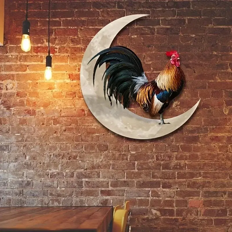Metal Wall Hanging Decoration Wrought Iron Crafts Outdoor Garden Courtyard Moon Rooster Metal Ornaments Pendant Home Decoration