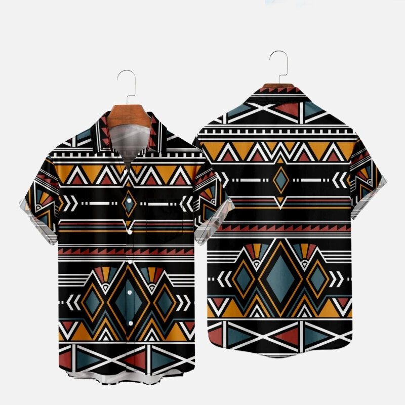 Vintage Hawaiian Shirt Afrika Streep Print Shirts Mannen Vrouwen Strand Blouse Roeping Revers Shirts Strand Mannelijke Etnische Kleding Tops