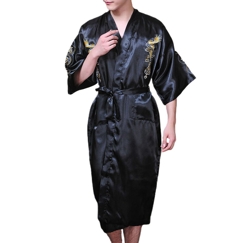 Peignoir Kimono Dragon Chinois en Satin pour Homme, Vêtements de Nuit Silencieux, Pyjama Respirant, Chemise de Nuit Lisse, Robe de Bain Décontractée, Vêtements de Maison