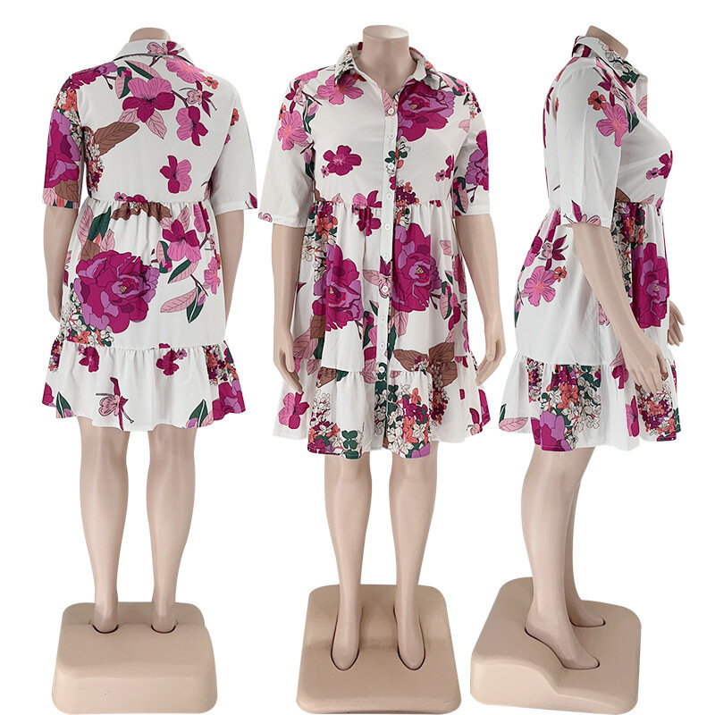 Plus Size sukienki letnie z nadrukiem z krótkim rękawem jednorzędowa krótka sukienka Vintage Casual Vestidos damskie eleganckie szaty