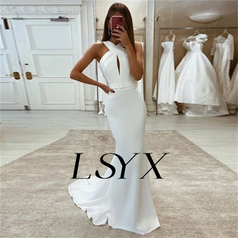LSYX elegancka suknia ślubna bez ramiączek z krepą z wycięciem syrenka 2023 prosta bez pleców dworska suknia ślubna na zamówienie