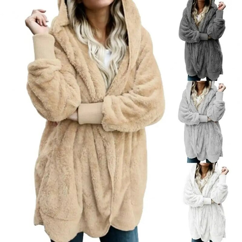 Mantel Berkerudung Wanita Musim Dingin Lengan Panjang Bulu Palsu Jaket Wanita untuk Pakaian Sehari-hari
